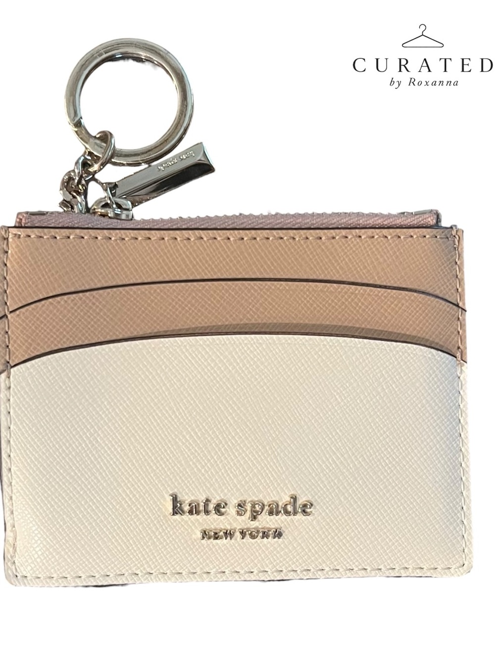 Kate Spade New York Colorblock Zip Card Holder Wallet Key Ring Blush Cream